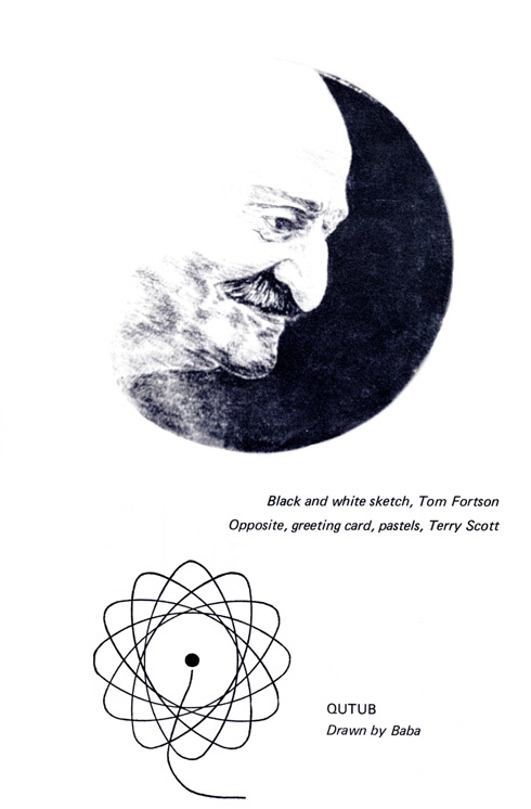 Black and white sketch, Tom Fortson. bottom, QUTUB drawn by Baba