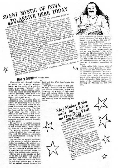 various newspaper clippings from 1932 arrival  and sailing of Meher Baba