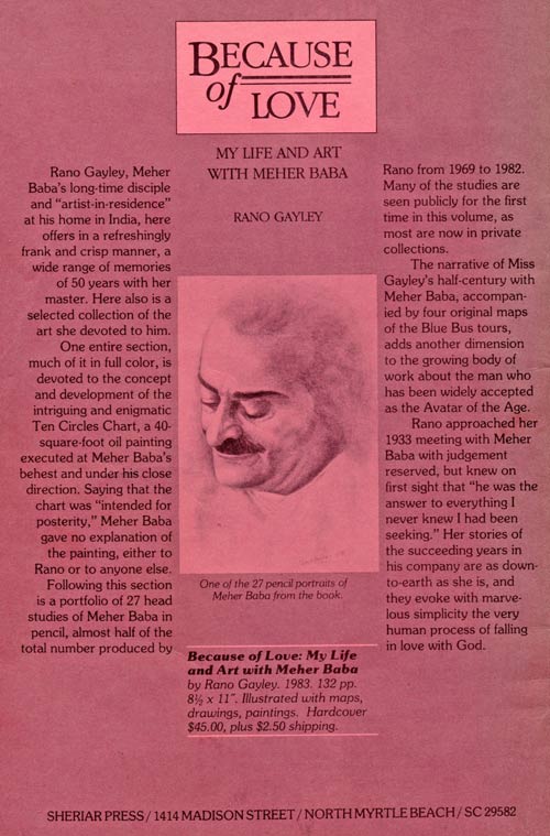 back cover-ad for the book by Rano Gayley 'Because of Love '  Illustrations with maps, drawings, paintings.