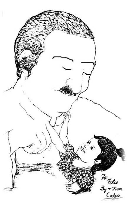 drawing of Meher Baba holding child, by Cedric Williams