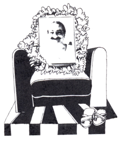 drawing of Baba's chair with His photo sitting in it-Poona