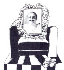 sketch of Baba's chair with a photo of Baba in it.