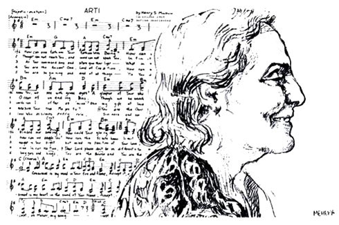 sketch by 3B of Mehera and sheet music of Arti by H.S.Mindlin