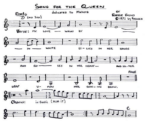 Music sheet by Robbie Basho entitled, "Song For The Queen" dedicated to Mehera
