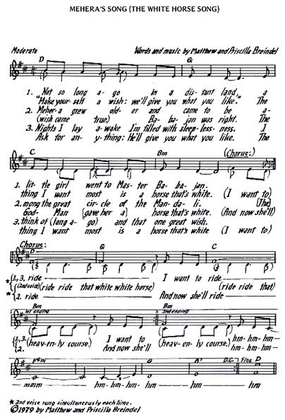 Sheet music for Mehera'a Song (The White Horse Song) by Mathew and Priscilla Breindel
